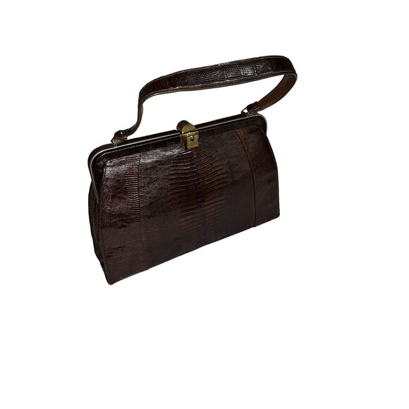 Vintage 50's Tegu Lizard Skin Kelly Hand Bag Mahogany Brushed Metal Clasp 14x9x4 - Picture 4 of 16